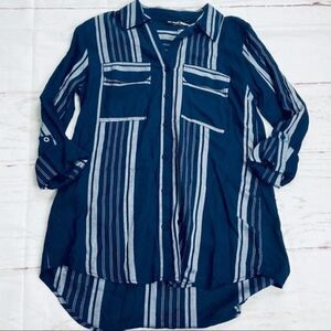 Blu Pepper Bethel Navy Blue striped tab sleeve button up blouse top NWT Womens S
